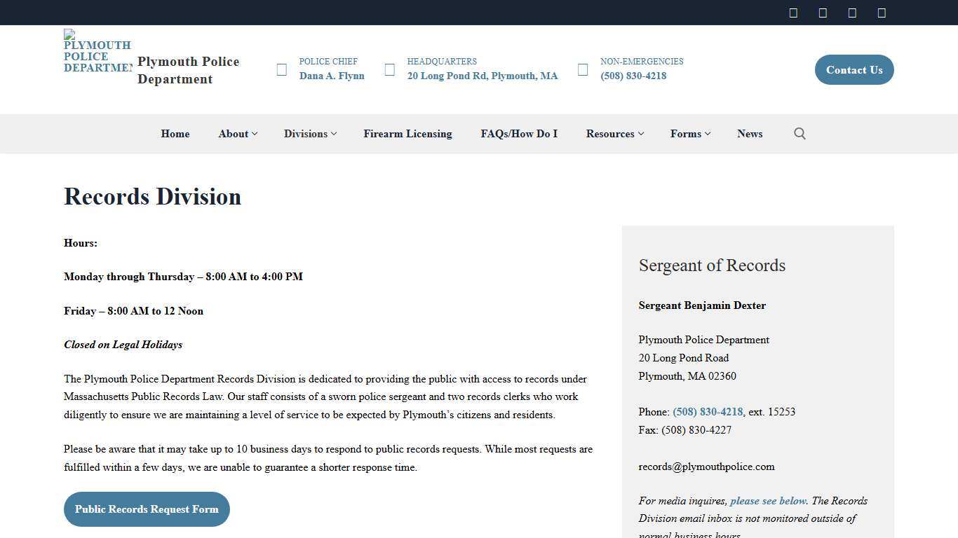 Records Division – Plymouth Police Department